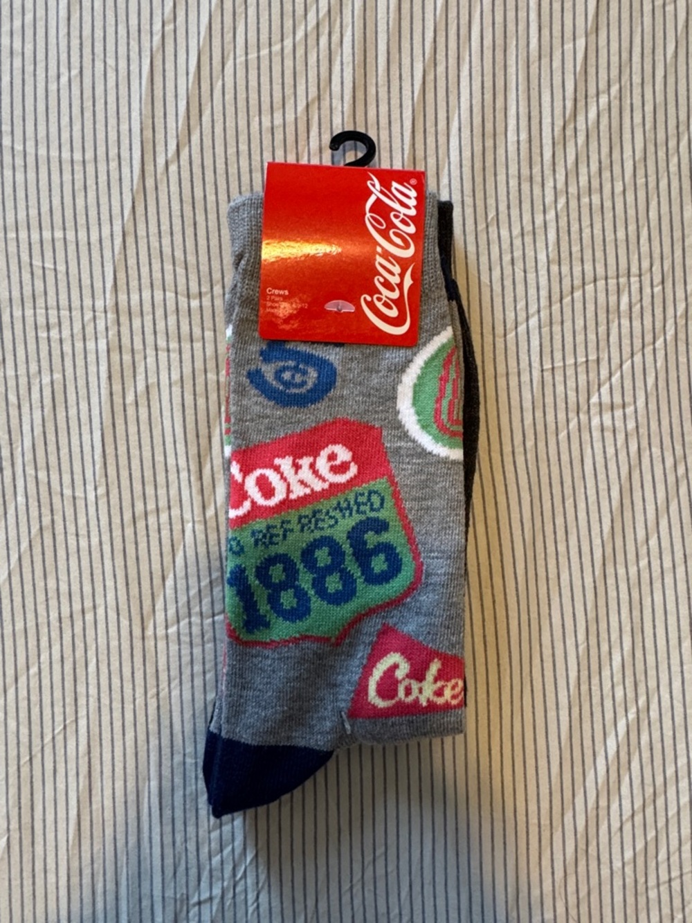 Coca Cola Gray 2 Pack Crew Socks with Multicolor Logo Accents